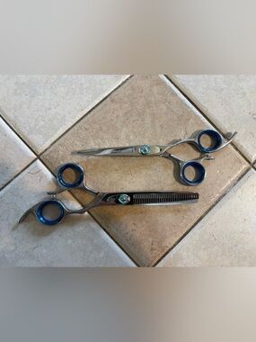 Professional Stainless Steel Hair Cutting and Thinning Shears - Blue Accents